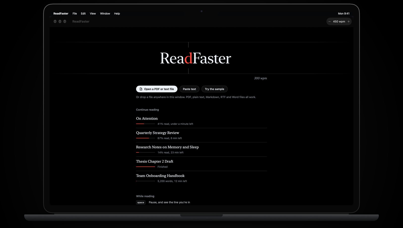 The ReadFaster library, listing documents with how much of each has been read