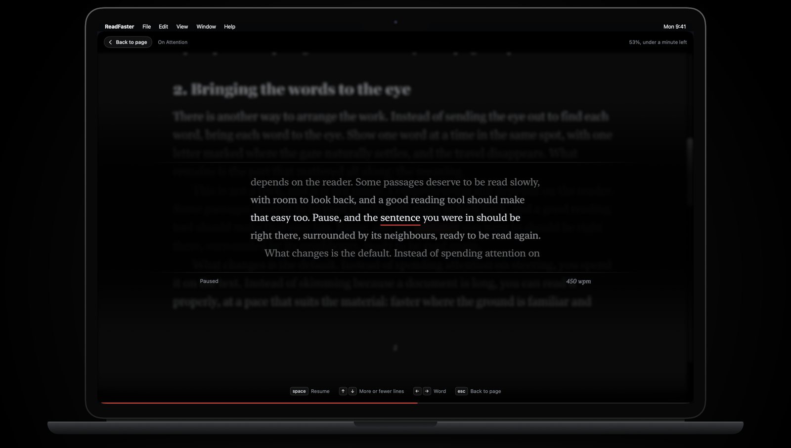 Reading paused, with five lines of context shown around the current word