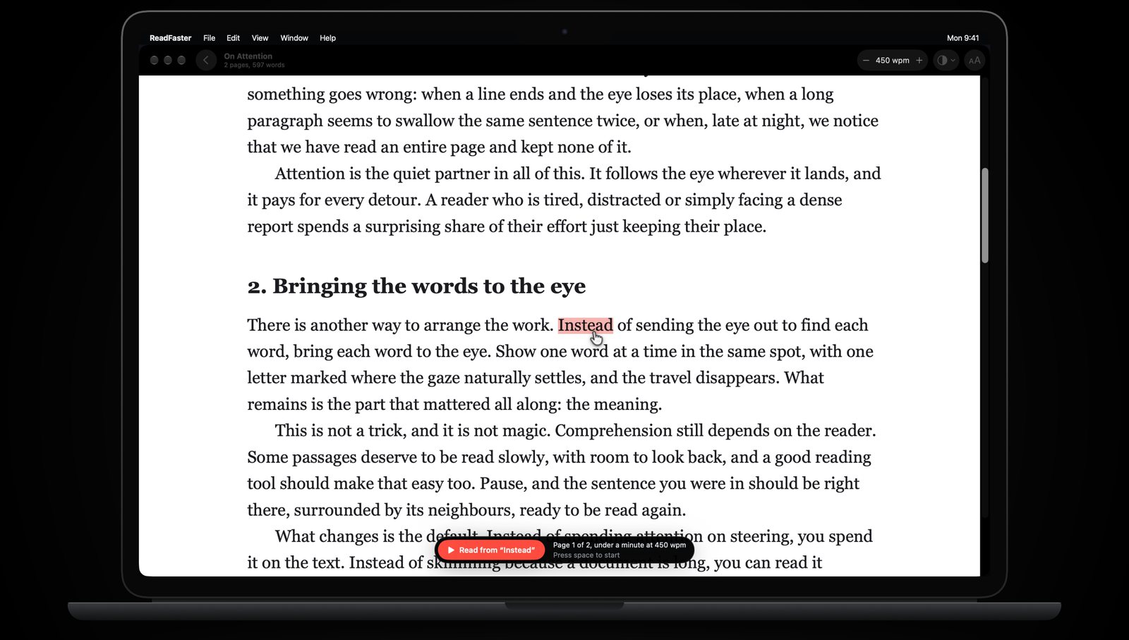A PDF open in ReadFaster, with the pointer clicking a word to start reading from it